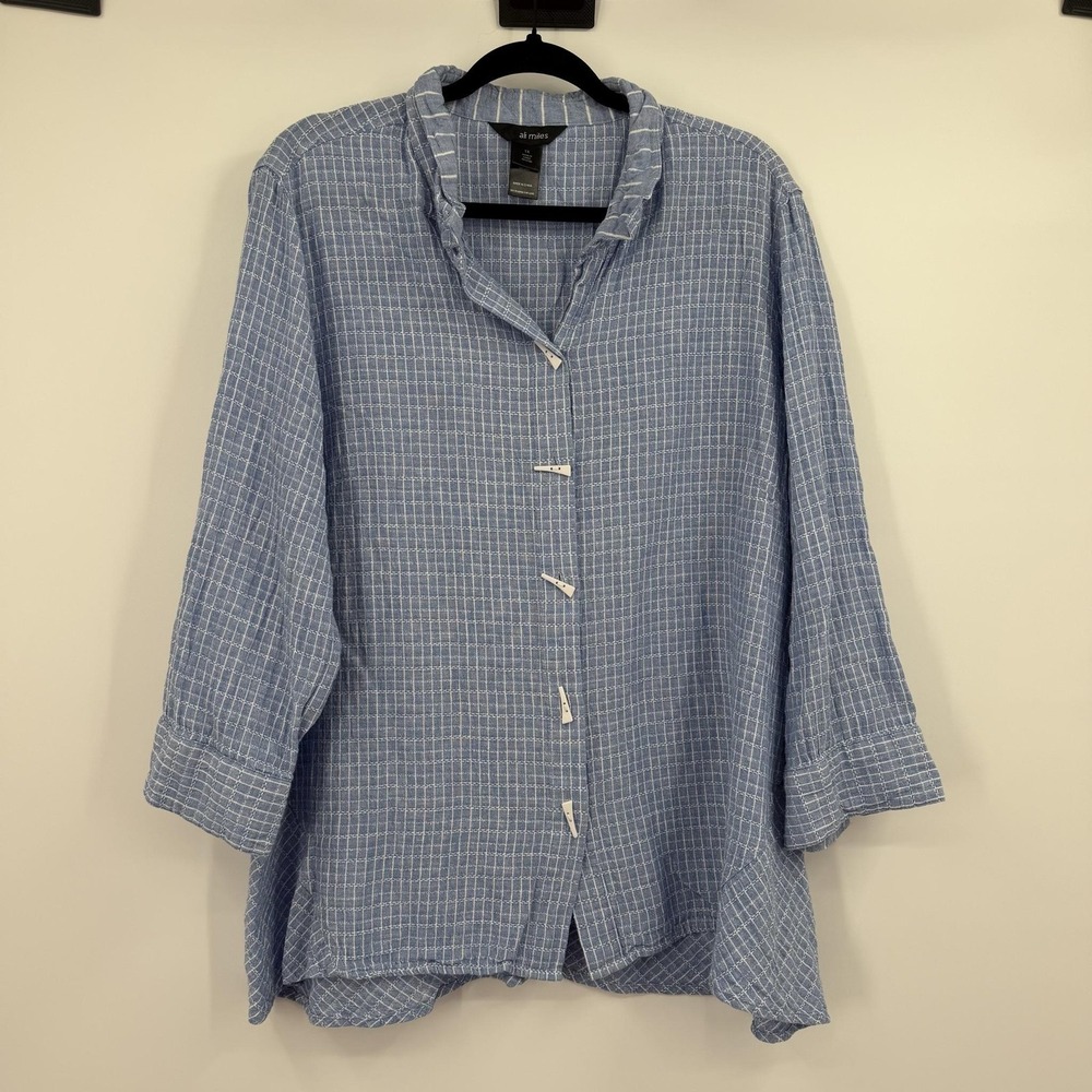 Ali Miles Tunic Top Womens 1X Blue Collared Button-Up Linen Lightweight